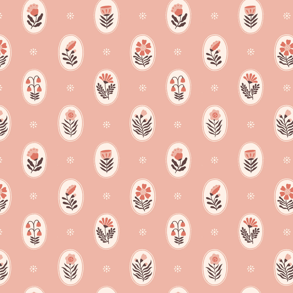 Close-up of Vera in Dusty Rose organic cotton fabric by Cloud9 Fabrics, showcasing a vintage-inspired floral print with delicate wildflowers in muted rose, terracotta, and sage green tones on a soft neutral background