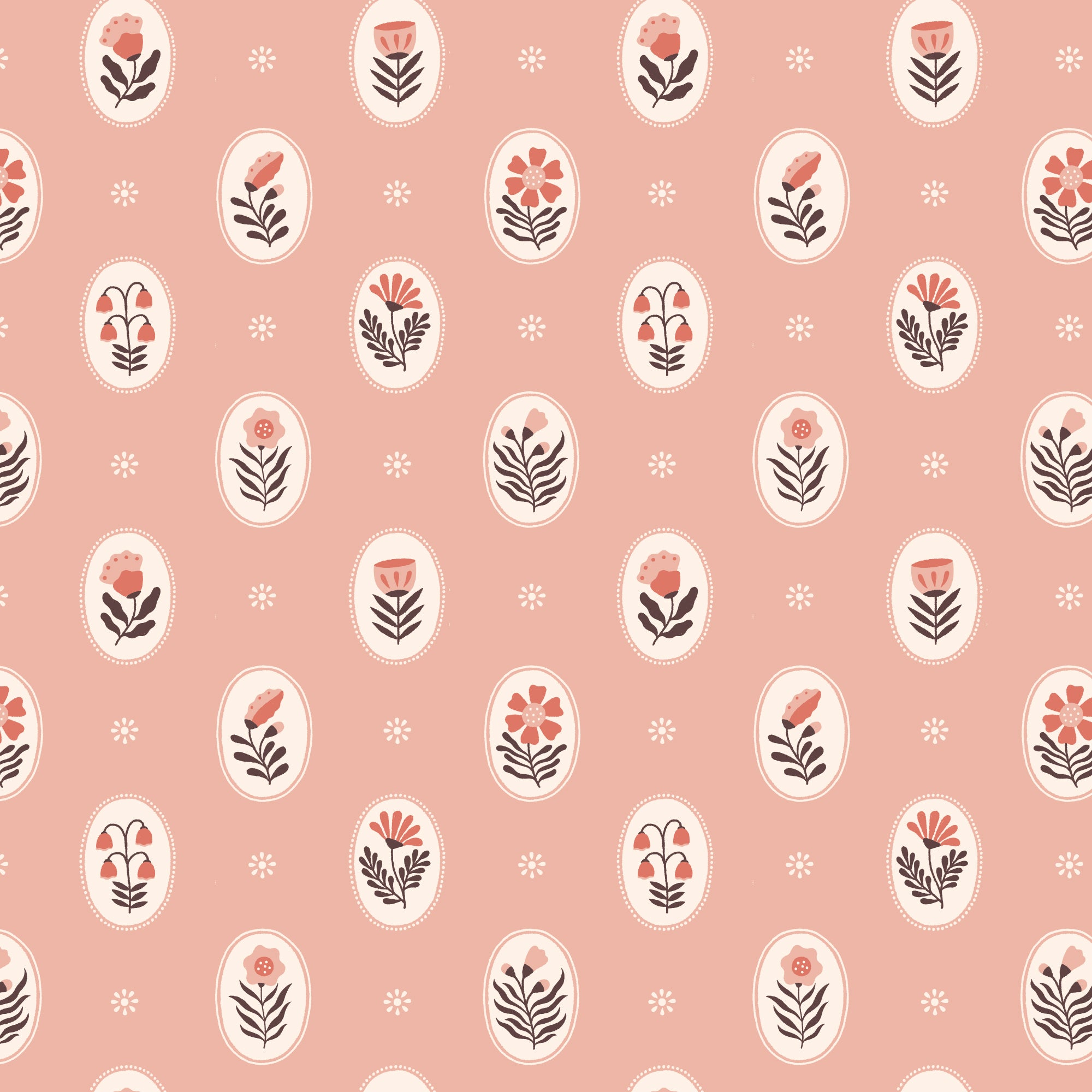 Close-up of Vera in Dusty Rose organic cotton fabric by Cloud9 Fabrics, showcasing a vintage-inspired floral print with delicate wildflowers in muted rose, terracotta, and sage green tones on a soft neutral background