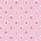 Flat lay of Vera in Bubblegum organic cotton fabric by Cloud9 Fabrics, featuring a dense, whimsical floral pattern of pink and coral wildflowers with dark leafy accents on a warm cream background
