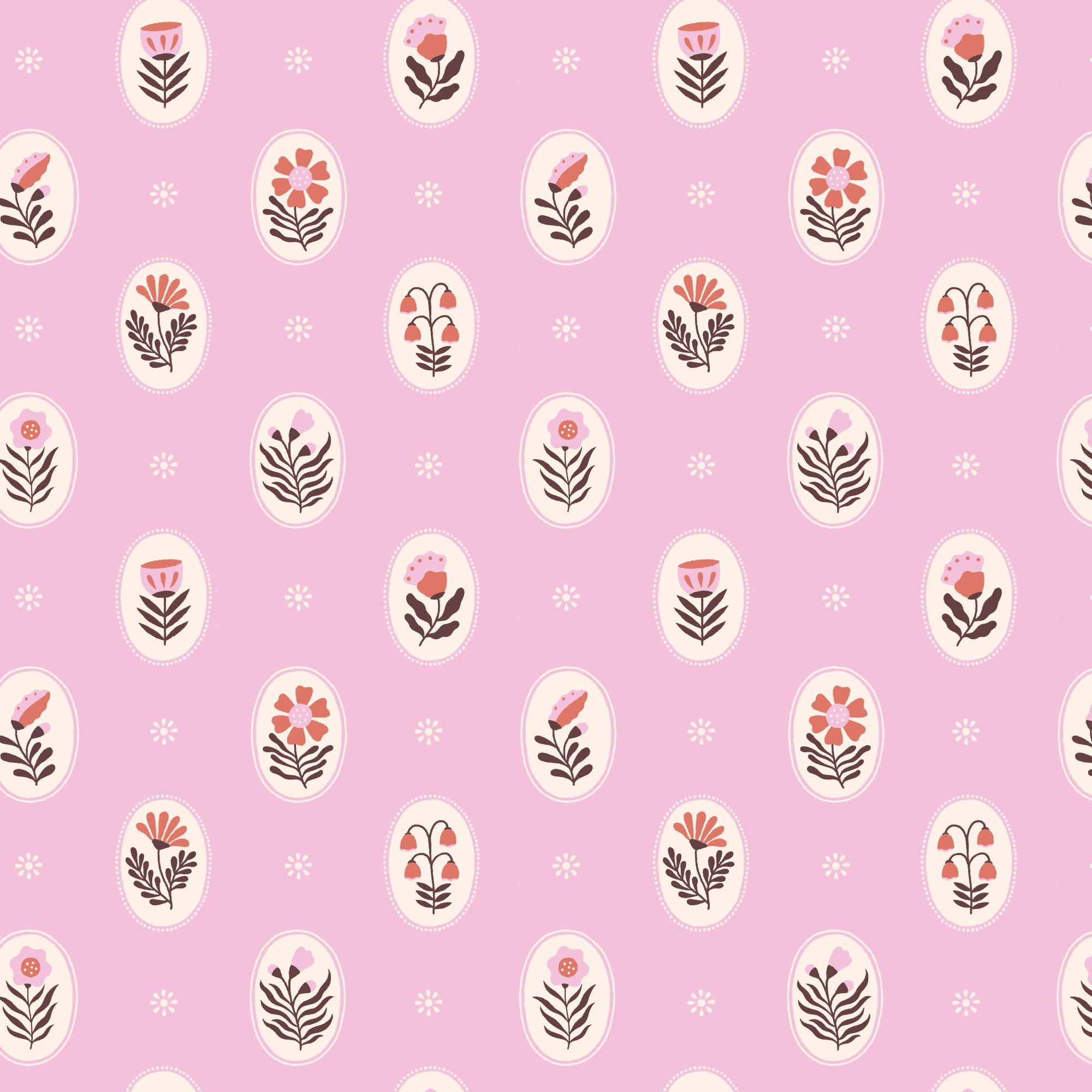 Flat lay of Vera in Bubblegum organic cotton fabric by Cloud9 Fabrics, featuring a dense, whimsical floral pattern of pink and coral wildflowers with dark leafy accents on a warm cream background