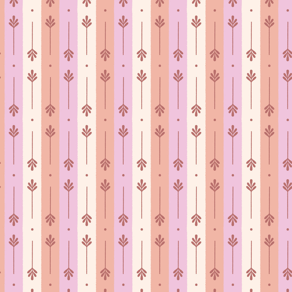 Vertical striped organic cotton fabric featuring rows of stylized pink and peach floral sprigs on alternating cream and bubblegum pink bands from the Cloud9 Cottage Blooms collection