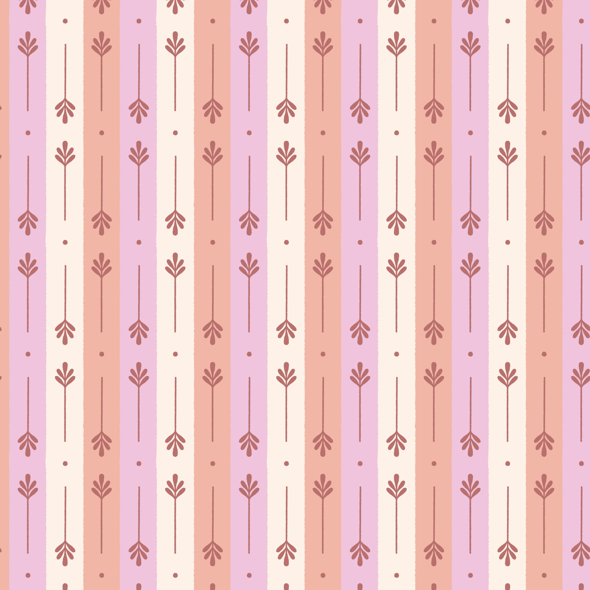 Vertical striped organic cotton fabric featuring rows of stylized pink and peach floral sprigs on alternating cream and bubblegum pink bands from the Cloud9 Cottage Blooms collection